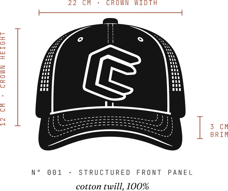 Front view of Casa Crew trucker cap with measurements
