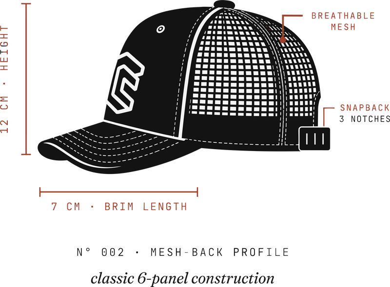 Side view of Casa Crew trucker cap with measurements